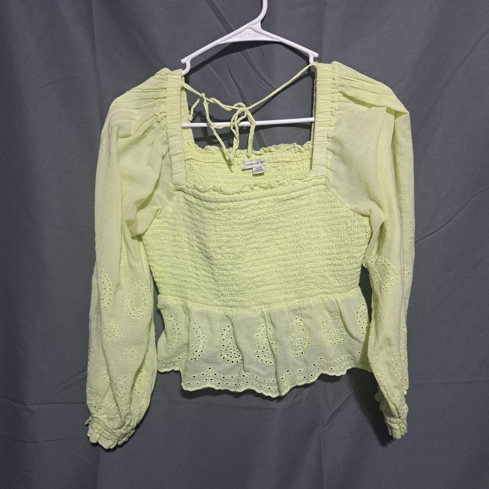American Eagle Sz LARGE‎ Long Sleeve Butter Yellow Peasant Smocked Crop Top Boho
